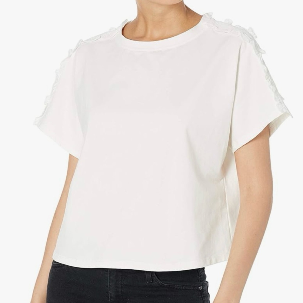 Milly Jessica Jersey White Short Sleeve Tee S Ruffle Smock Trim Boxy